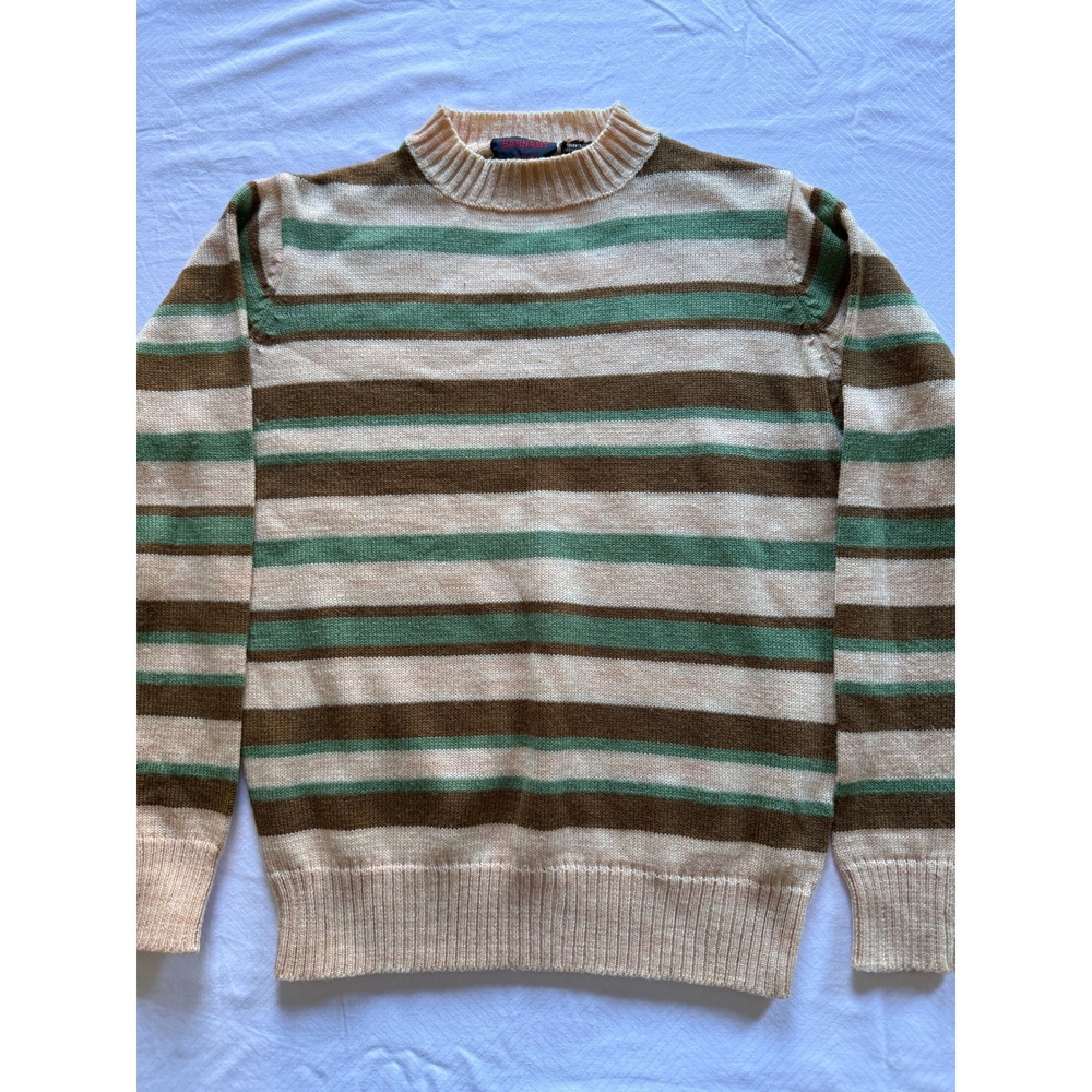 Vintage Barnaby Sportswear Striped Crewneck Sweater Green Brown Cream Mens Large